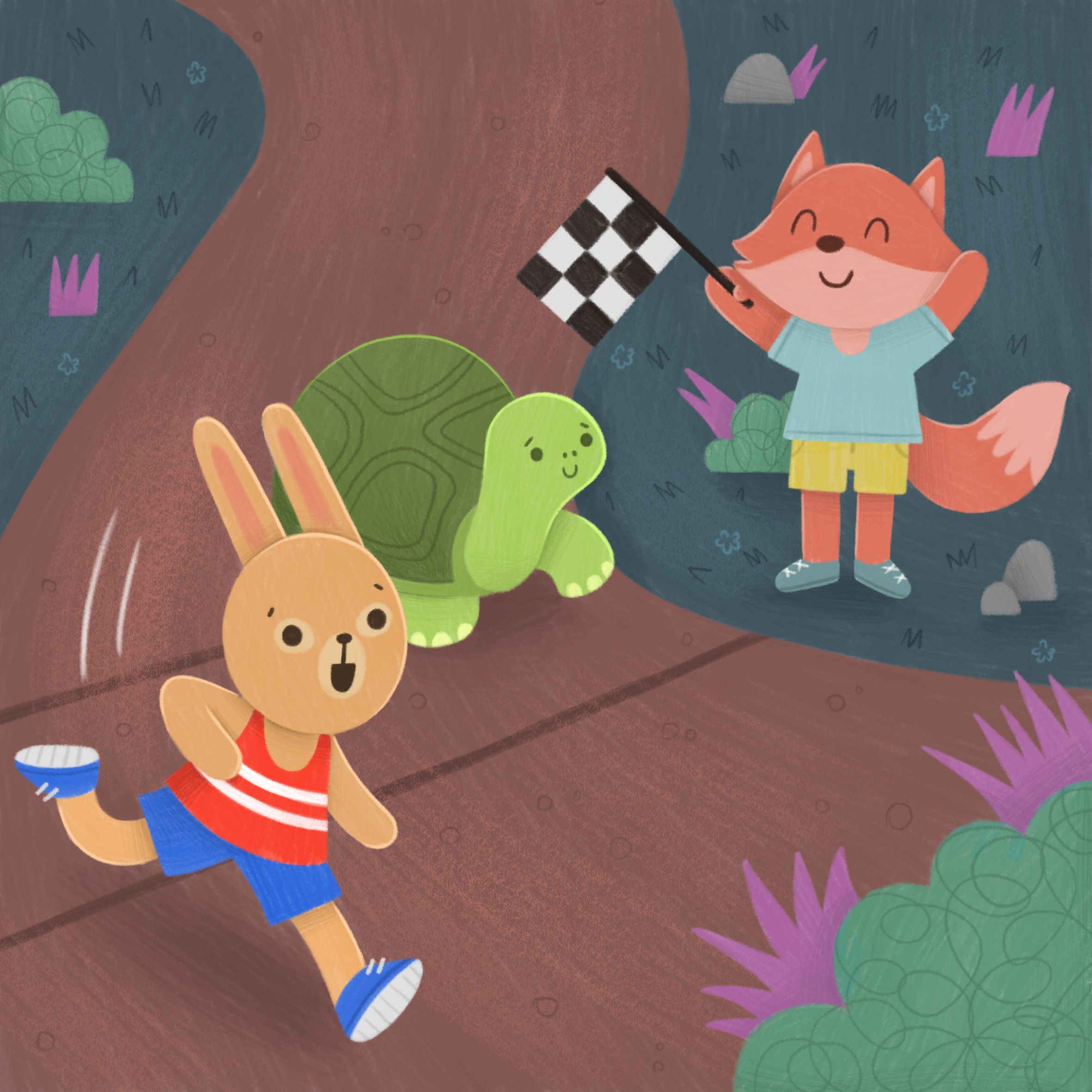 The Hare and The Tortoise start-off their race. The hare sprints away.