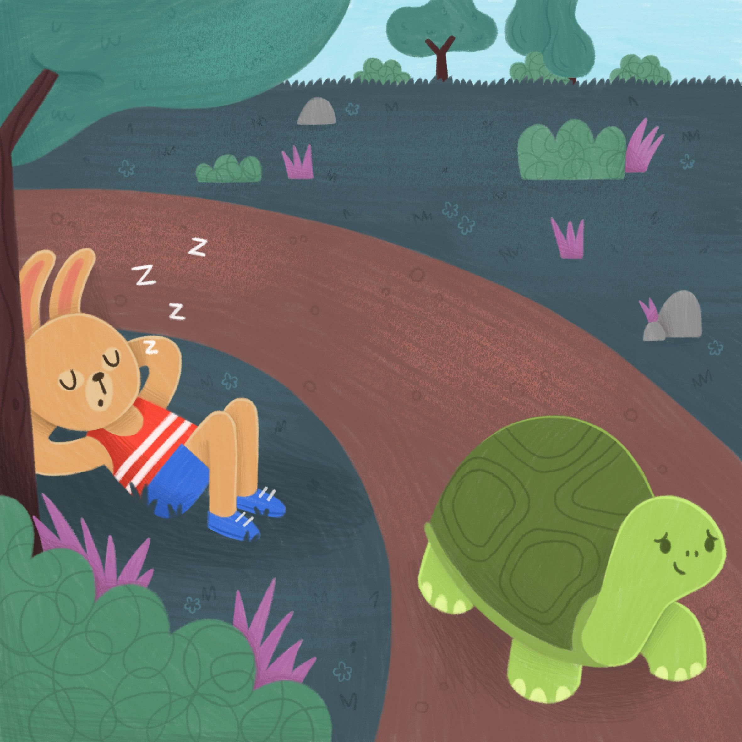 The Hare is so far ahead of the Tortoise that he takes a nap.