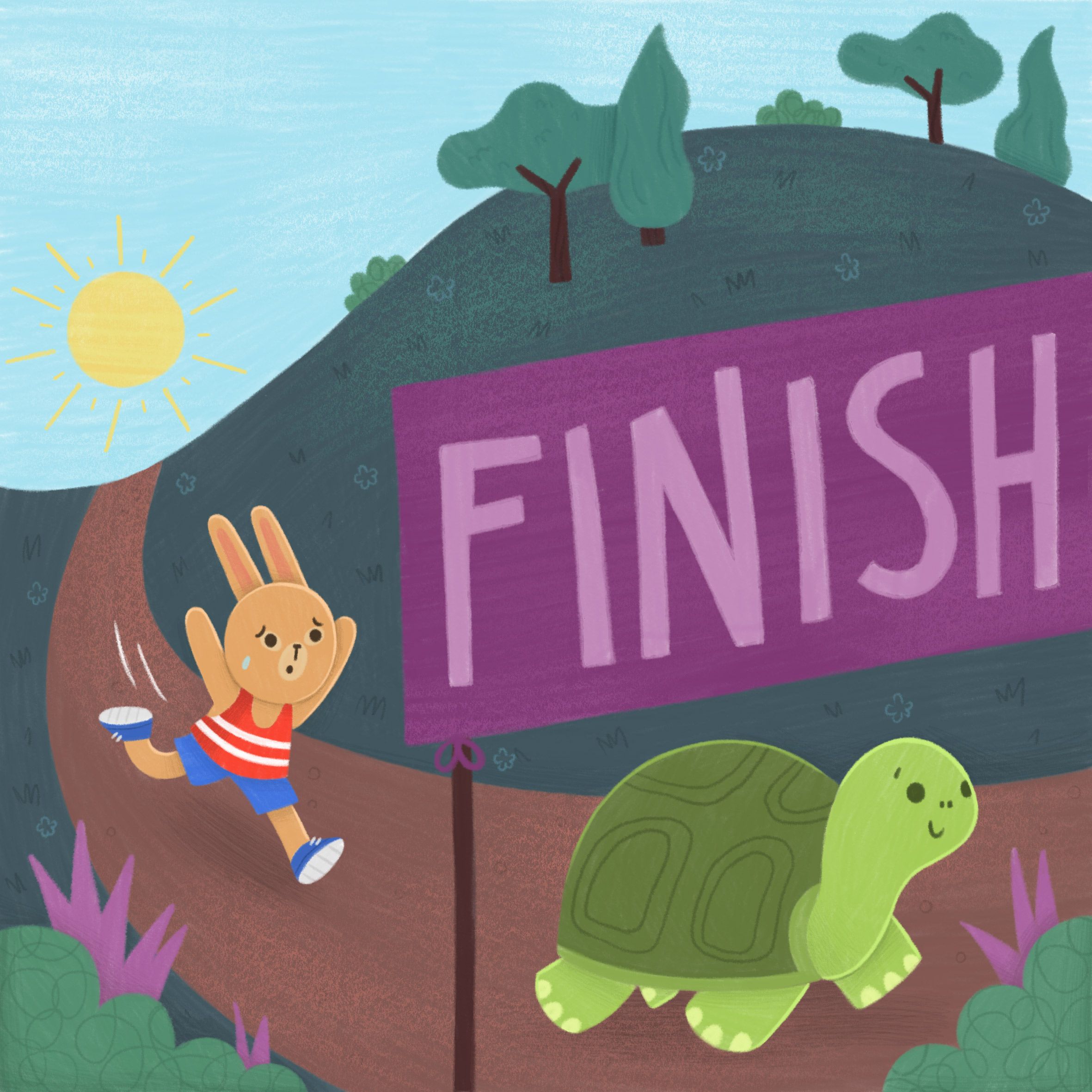 The Tortoise passes the sleeping hare and wins the race.
