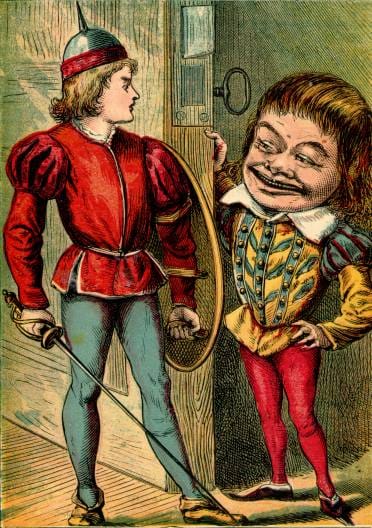 Illustration: Strong-arm and Boy with Large Head.