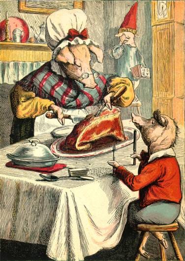 Illustration: Little Pig eating roast beef.