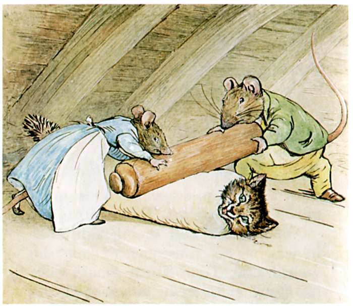 The rats are rolling Tom with a rolling-pin!