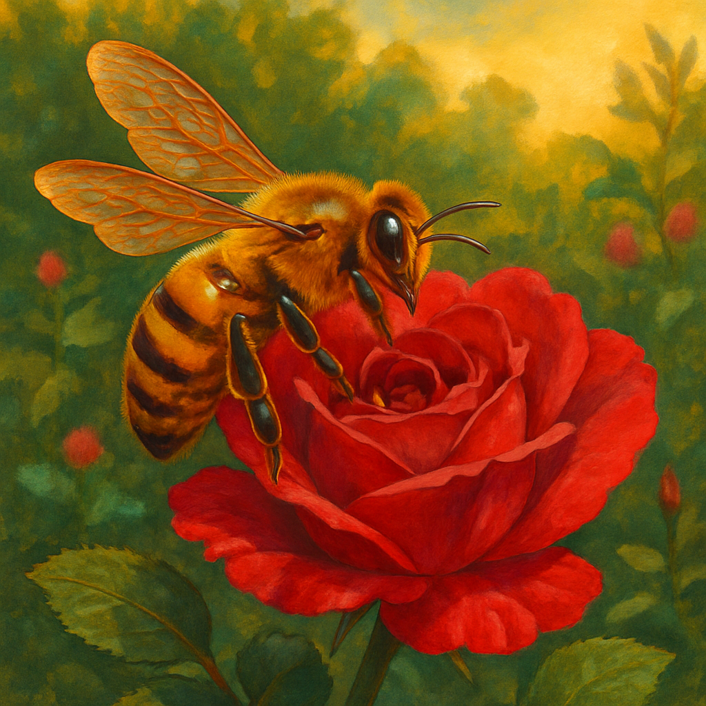A burnished bee alighting on an open red rose — illustrating Emily Dickinson's poem "A Bee his burnished Carriage"