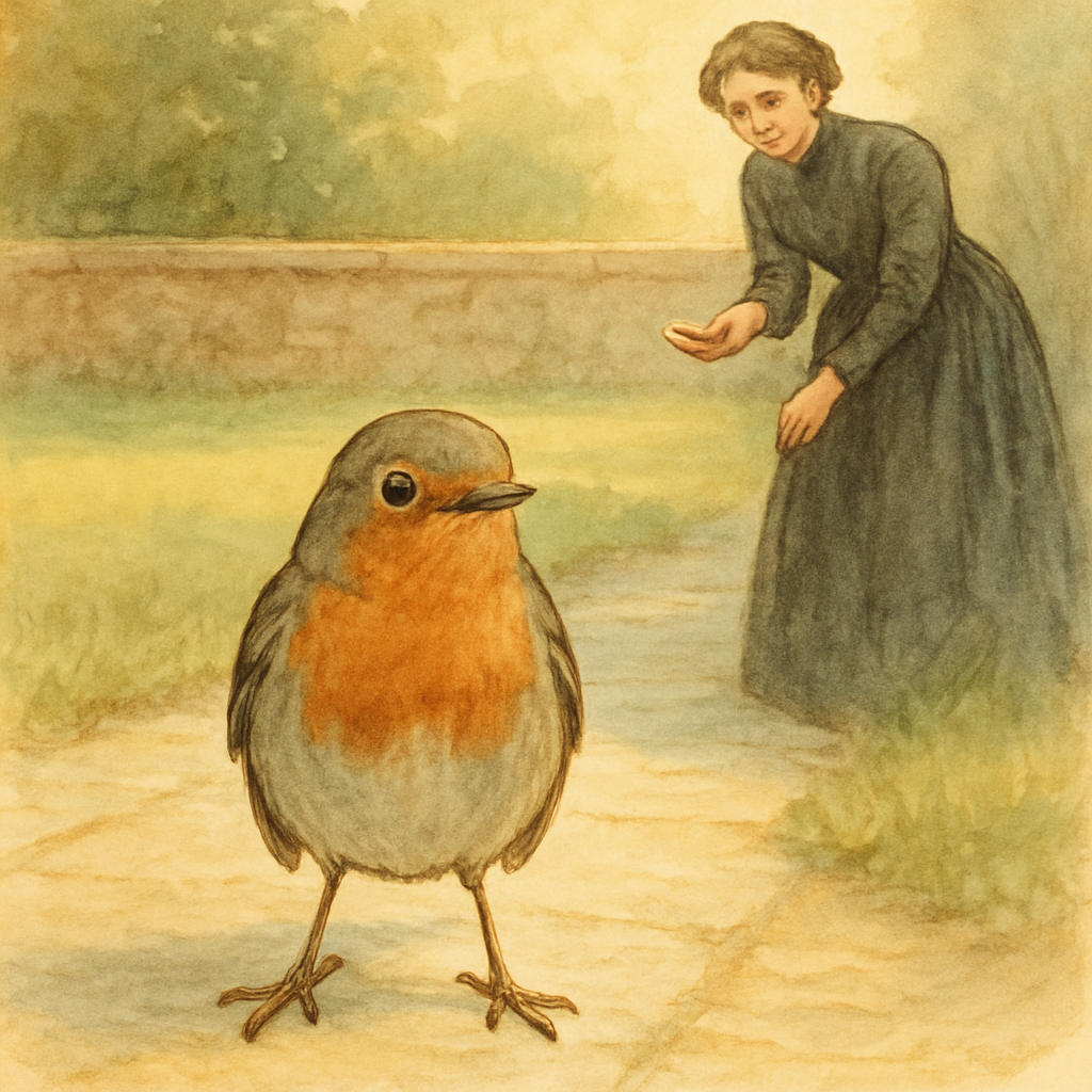 A Victorian woman offers a crumb to a small bird on a garden path, illustrating "A Bird, came down the Walk" by Emily Dickinson.