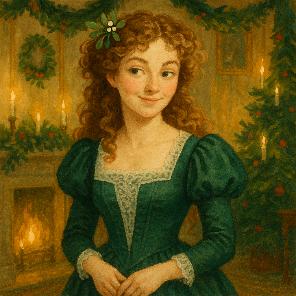 A young woman with mistletoe in her hair smiles knowingly at a Christmas party — A Botanical Error