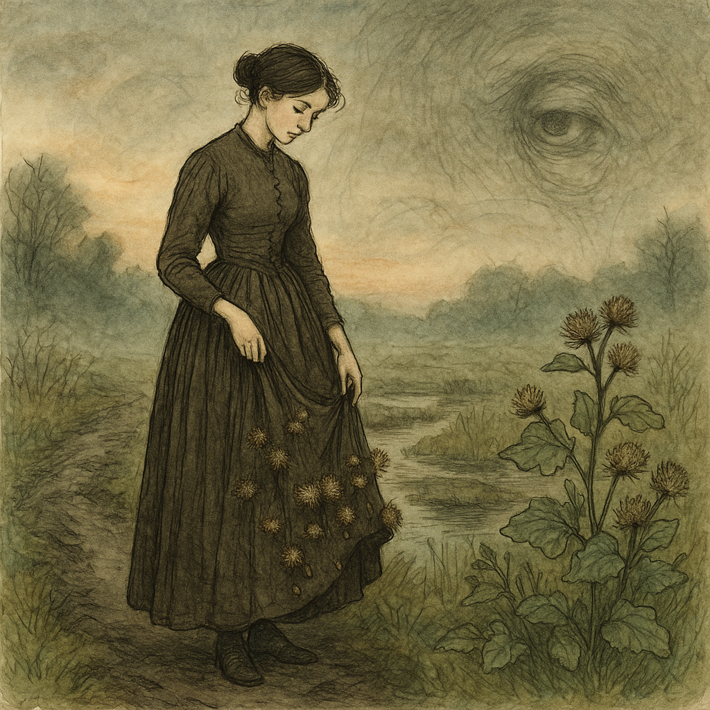 A woman in a 19th-century gown with burdock clinging to her skirt, standing by a bog — illustration for A Burdock—clawed my Gown