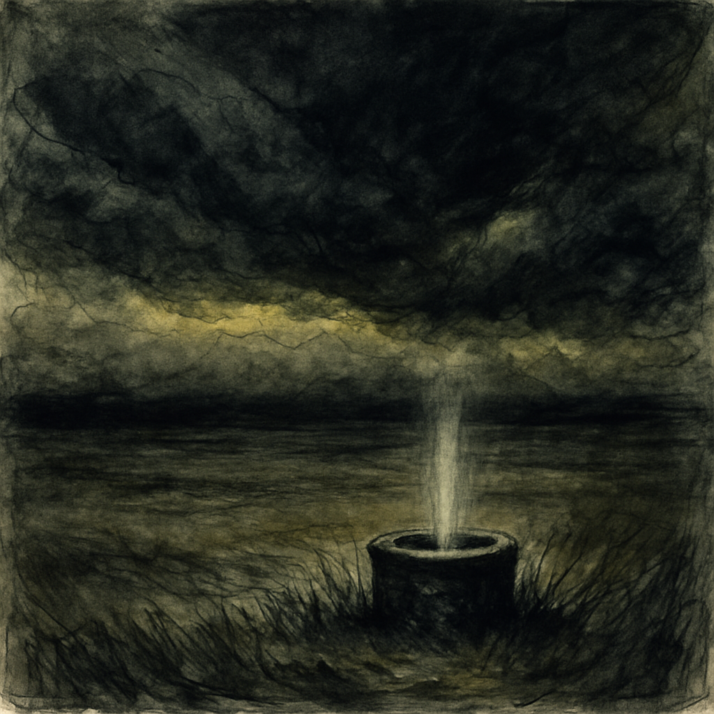 A leaden storm sky presses down over a bleak field with a glowing well in the foreground — illustrating Dickinson's poem.