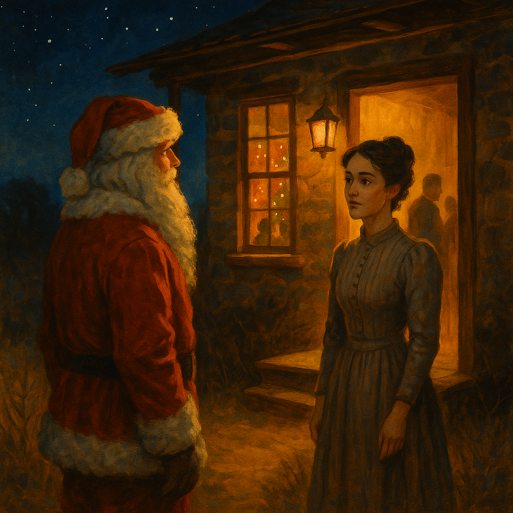 A disguised Santa Claus figure speaks to a dark-haired woman outside a lit ranch house, in A Chaparral Christmas Gift.