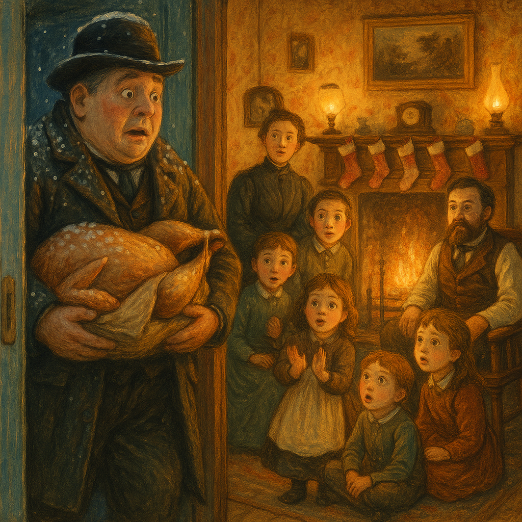 Mr. Gilton stumbles into the Bilton family's warm parlour by mistake on Christmas Eve, in A Christmas Accident.