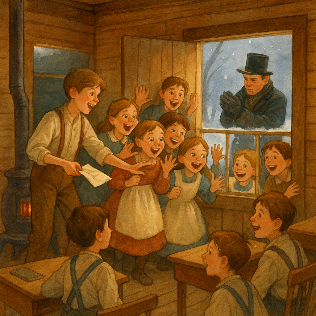 Schoolchildren bar out their teacher in "A Christmas Barring Out," passing a paper through the window on a cold winter day.