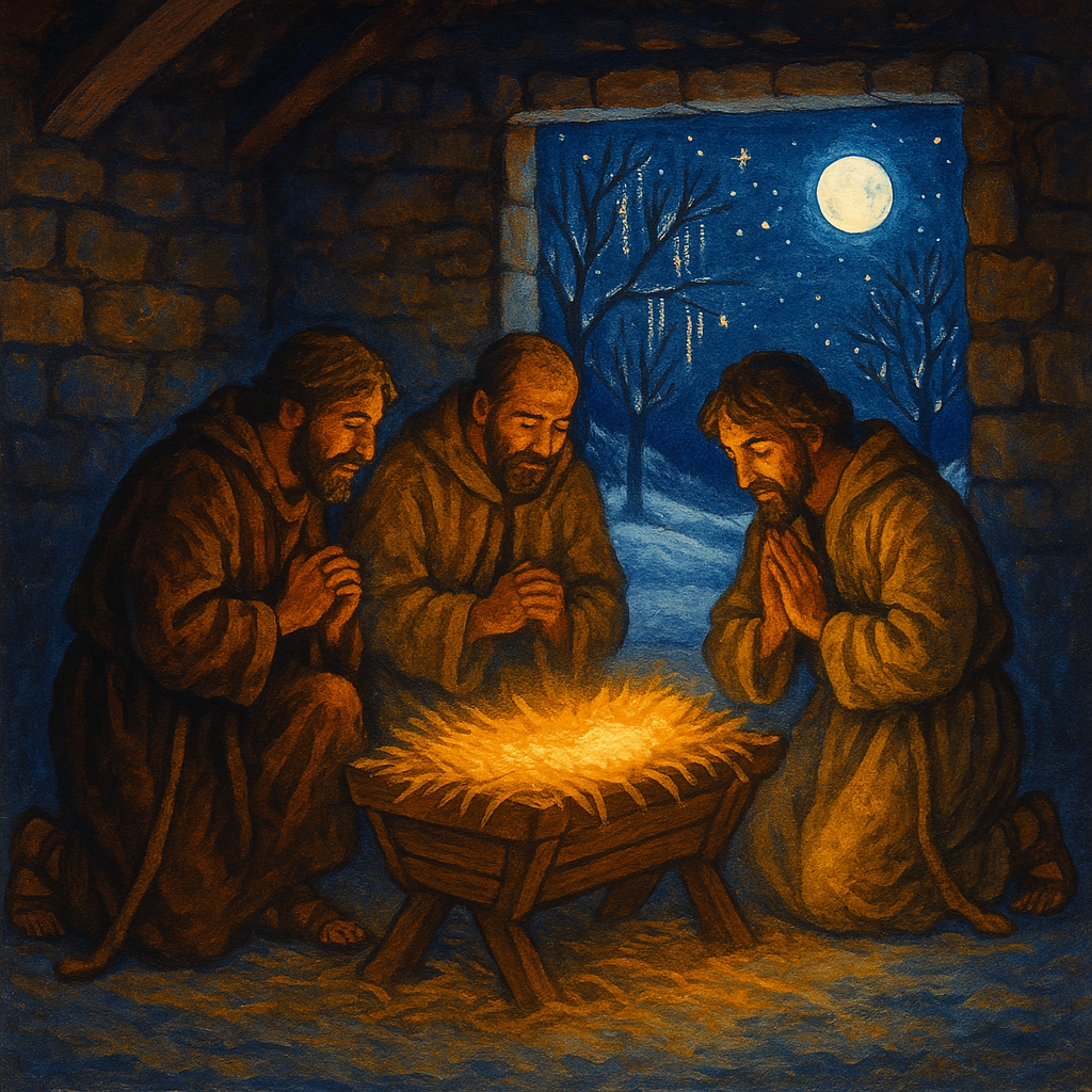 Shepherds kneeling at the manger on a starlit winter night, illustrating A Christmas Carol
