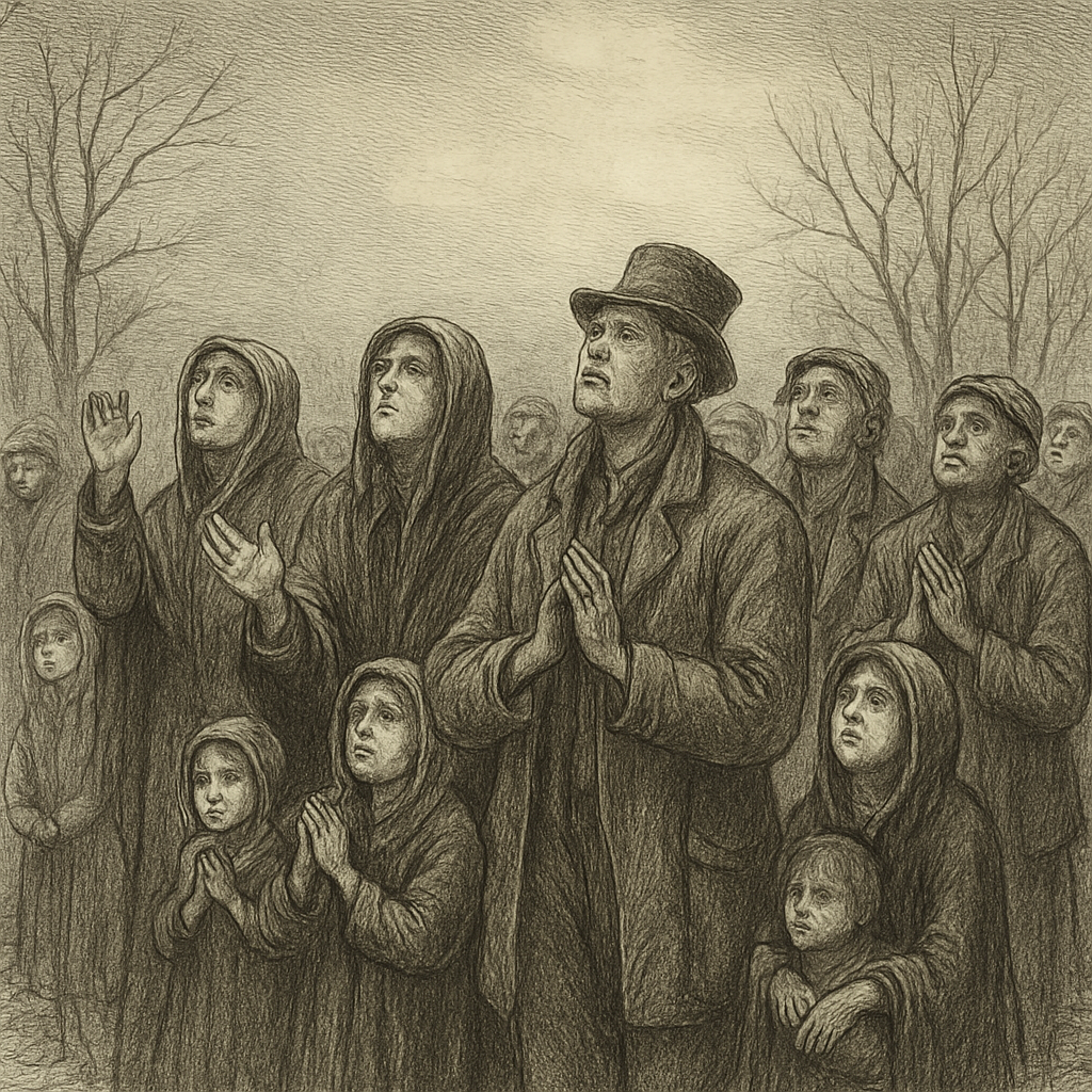 A weary 19th-century crowd in a frost-covered winter landscape, looking skyward in hope — from "A Christmas Carol For 1862"