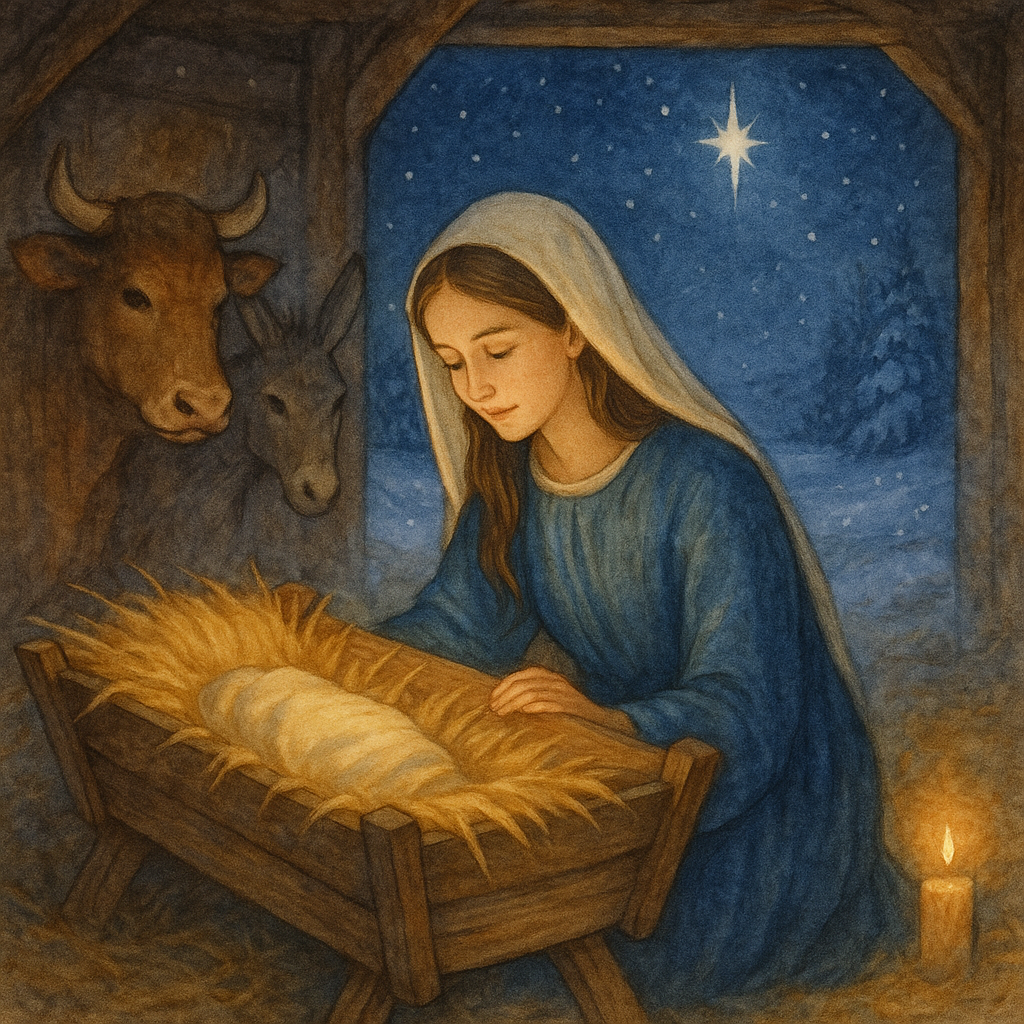 Mary kneeling over the manger in a snowy stable, illustrating A Christmas Carol by Christina Rossetti