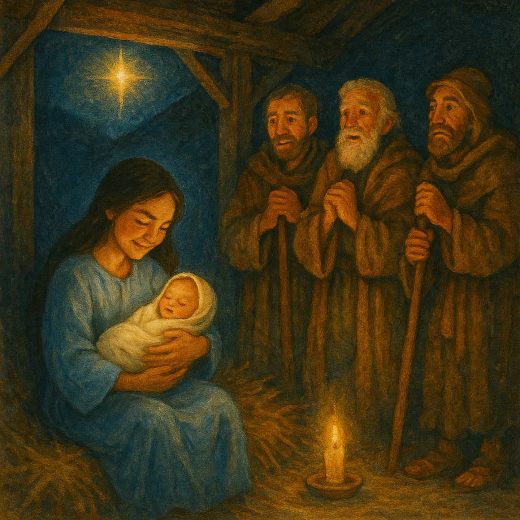 Mary holds the infant Jesus in a humble stable as shepherds look on, illustrating A Christmas Carol by Coleridge.