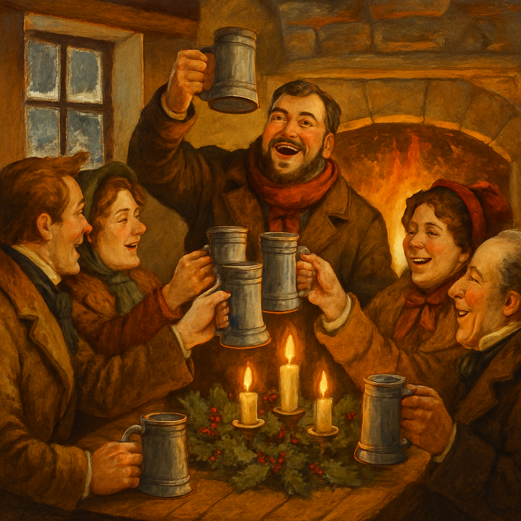 Joyful Victorian gathering raising a toast in A Christmas Carol poem by Charles Dickens