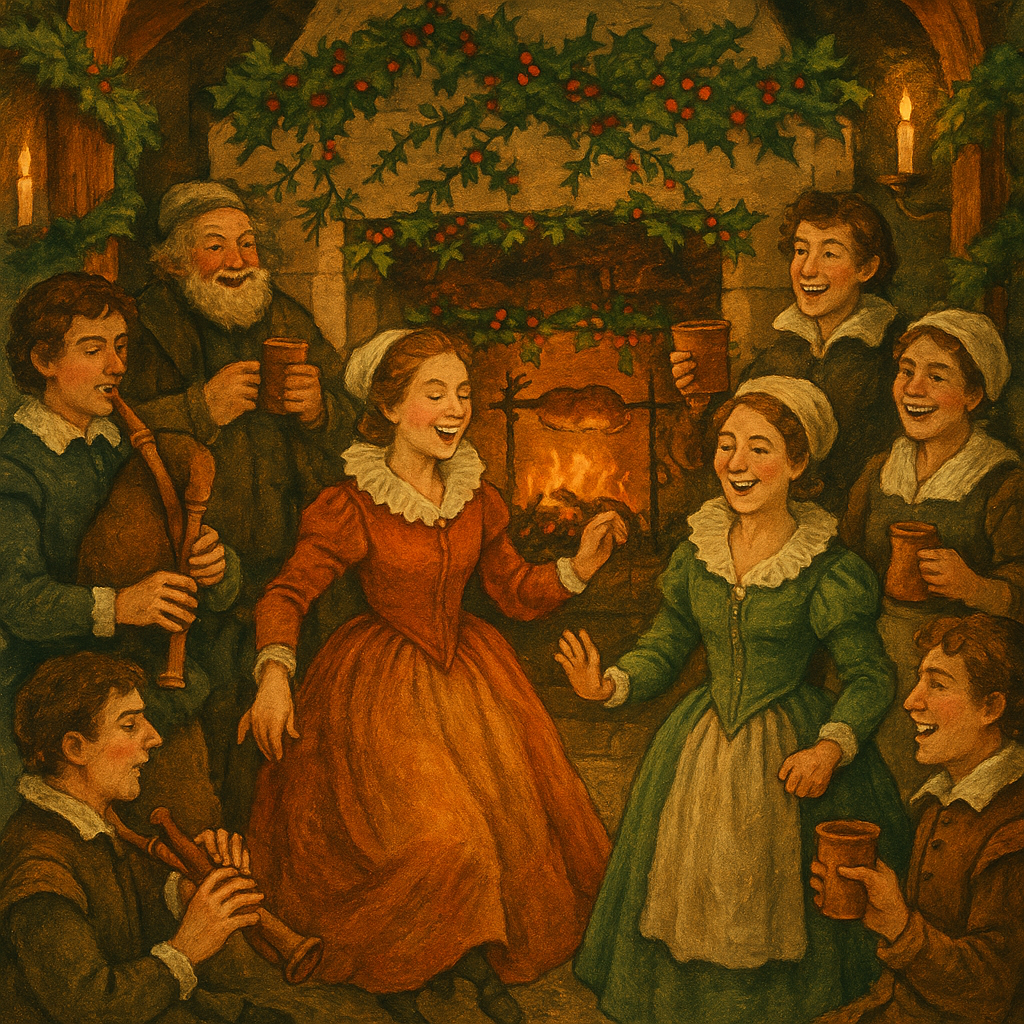 Merrymakers dance and feast in a holly-decked hall in A Christmas Carol by George Wither