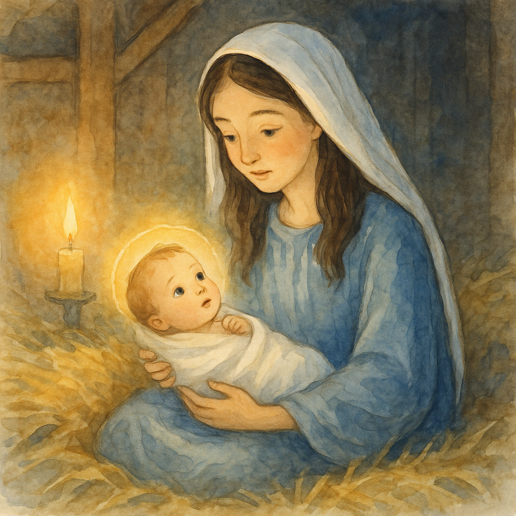 Mary cradles the infant Jesus in a glowing stable, illustration for A Christmas Carol by George MacDonald.