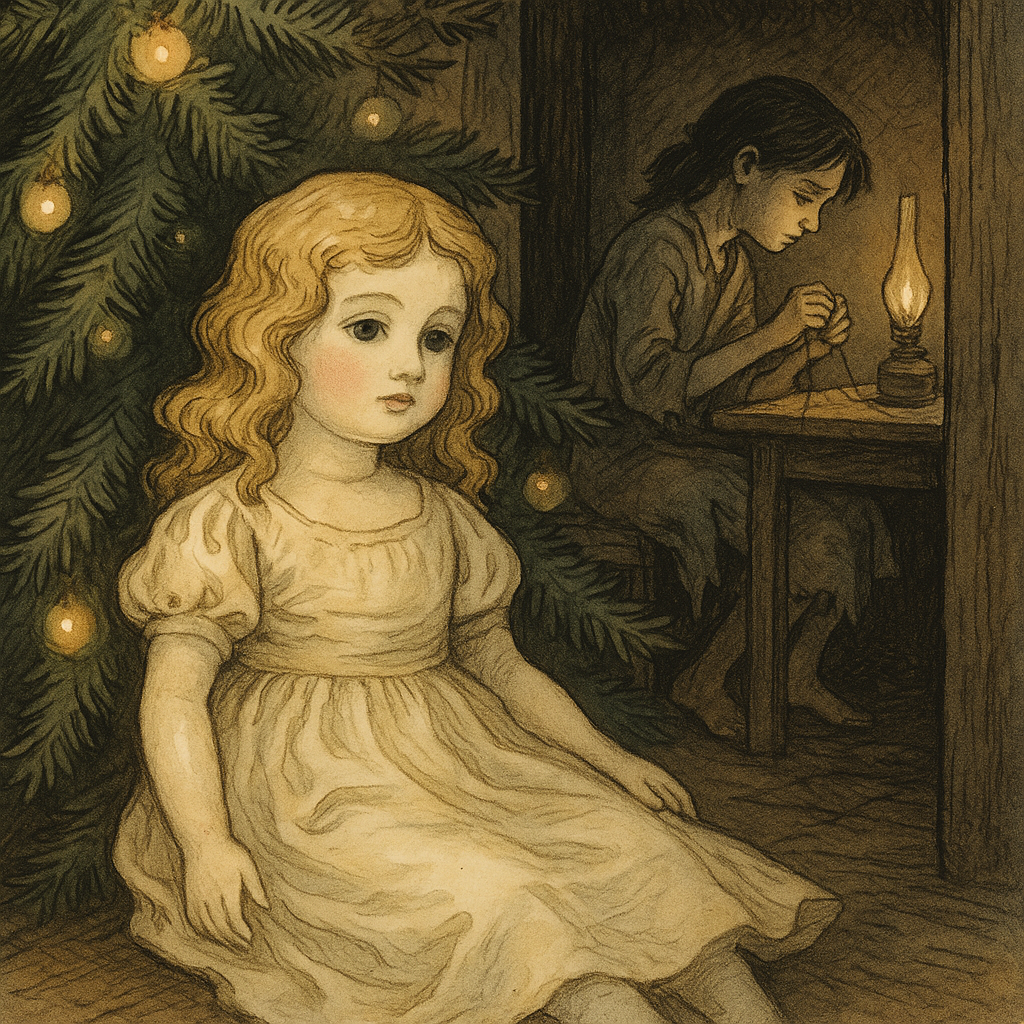 A golden-haired Christmas doll on a decorated tree, while a child labors by lamplight — A Christmas Doll by Widdemer