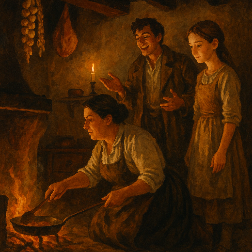 Aunt Simona frying Christmas fritters by the fire in a farmhouse kitchen, scene from A Christmas Eve in Spain