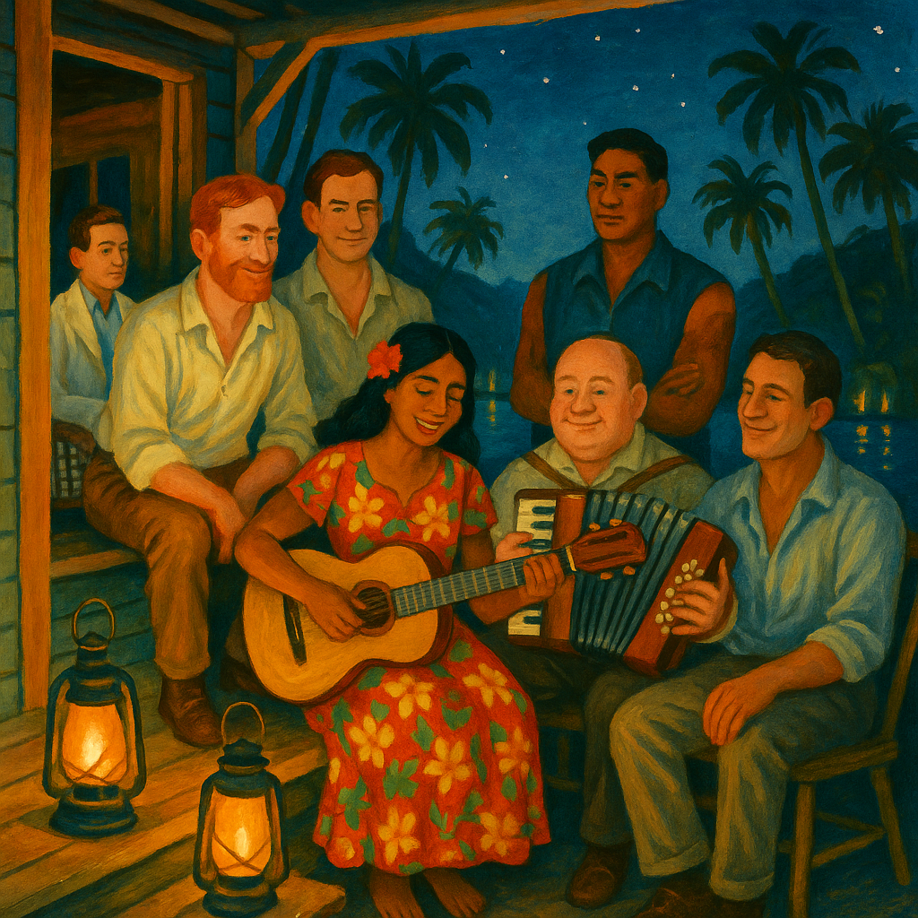 A diverse group of traders celebrate Christmas Eve on a tropical lagoon verandah in A Christmas Eve in the Far South Seas.