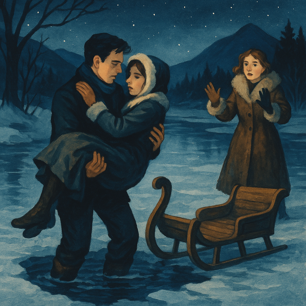 Hedley Marstern carries Carrie Mitchell across thin river ice while Lottie Waldo looks on, in A Christmas-Eve Suit.