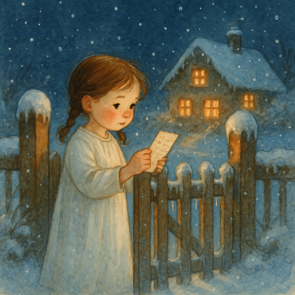 A young girl pinning a note to the gate on a snowy Christmas Eve, from "A Christmas-Eve Thought"