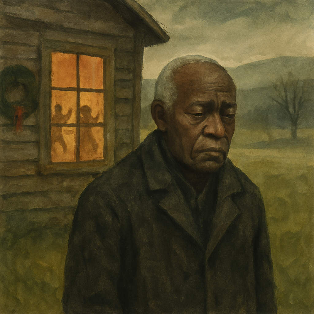 A grieving elderly man stands outside a cabin on a green Christmas Eve, illustrating "A Christmas Folksong."