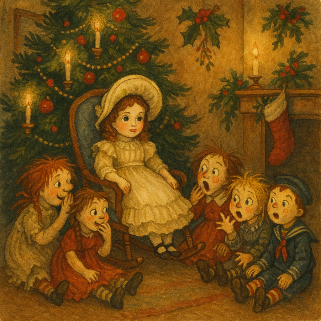 The Paris doll sits in a rocking chair as worn toy dolls whisper around her in A Christmas Gift.