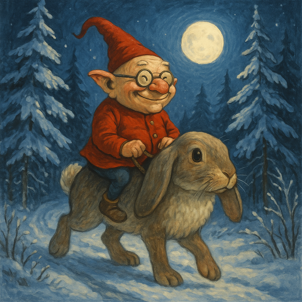 A vain goblin in a red coat rides a lop-eared rabbit through a snowy moonlit forest in "A Christmas Goblin"