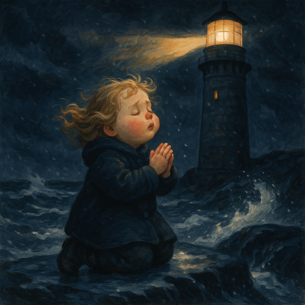 Baby Deb kneeling on icy rocks outside a lighthouse at night, praying for a Christmas goose, in "A Christmas Goose"