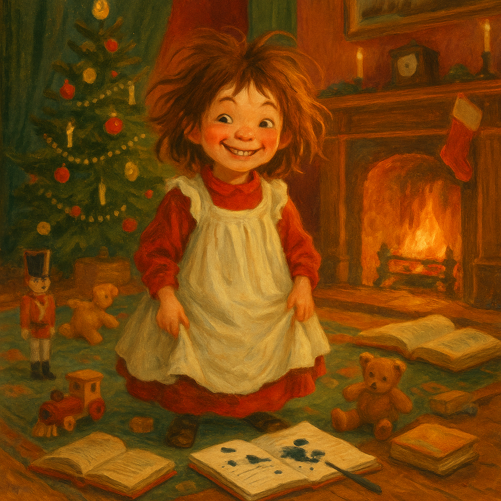 A mischievous young girl surrounded by scattered toys and ink-blotted books in a cosy Christmas room — A Christmas Hamper