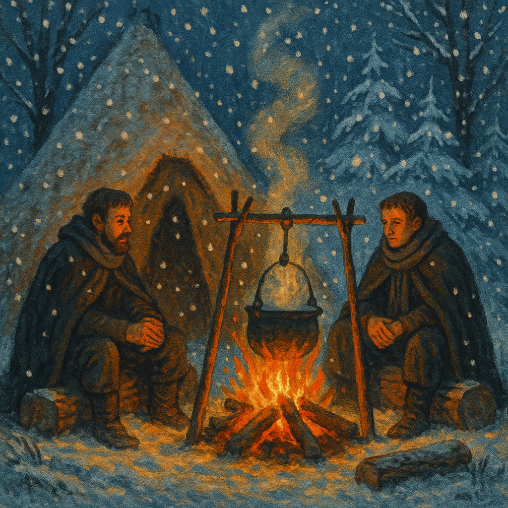 Two cloaked men warm themselves by a forest campfire in the snow — a scene from A Christmas in the Forest.