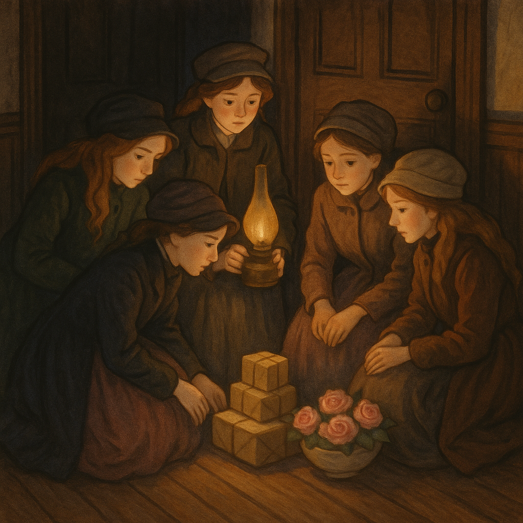 Five young women quietly place Christmas gifts outside Miss Allen's door in A Christmas Inspiration by L.M. Montgomery.
