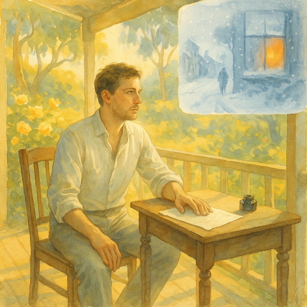 A man writes a Christmas letter on a sunny Australian veranda, dreaming of snowy England, in A Christmas Letter from Australia.