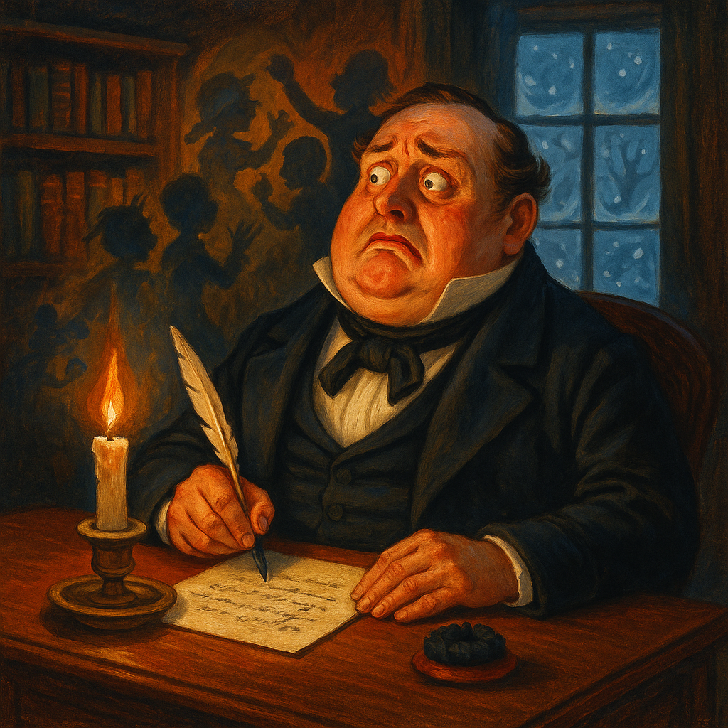 A pompous Victorian gentleman writes a formal letter of refusal at his desk, in Stephen Leacock's "A Christmas Letter"