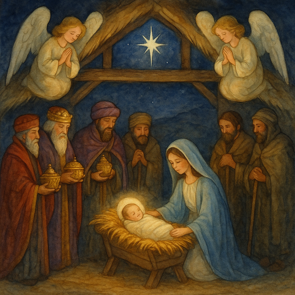 Mary kneels beside the baby Jesus in a manger as angels, shepherds and three kings gather — A Christmas Lullaby