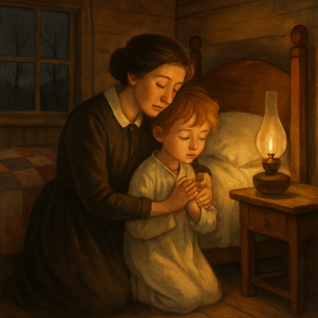 A small boy in a nightshirt kneeling in prayer with his aunt by candlelight, from A Christmas Memory.