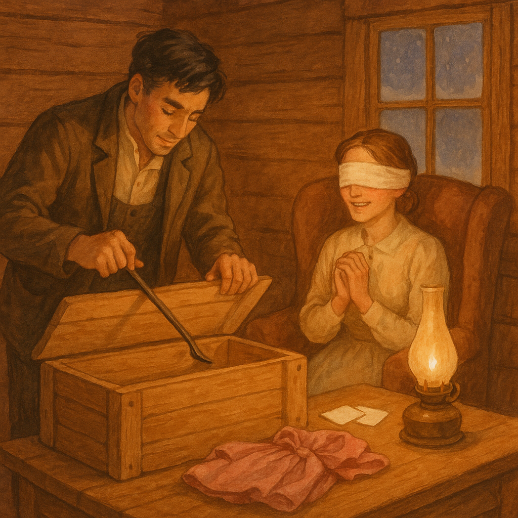 John Spencer opens a Christmas box for his bandaged wife Ann in their frontier home, in A Christmas Miracle.