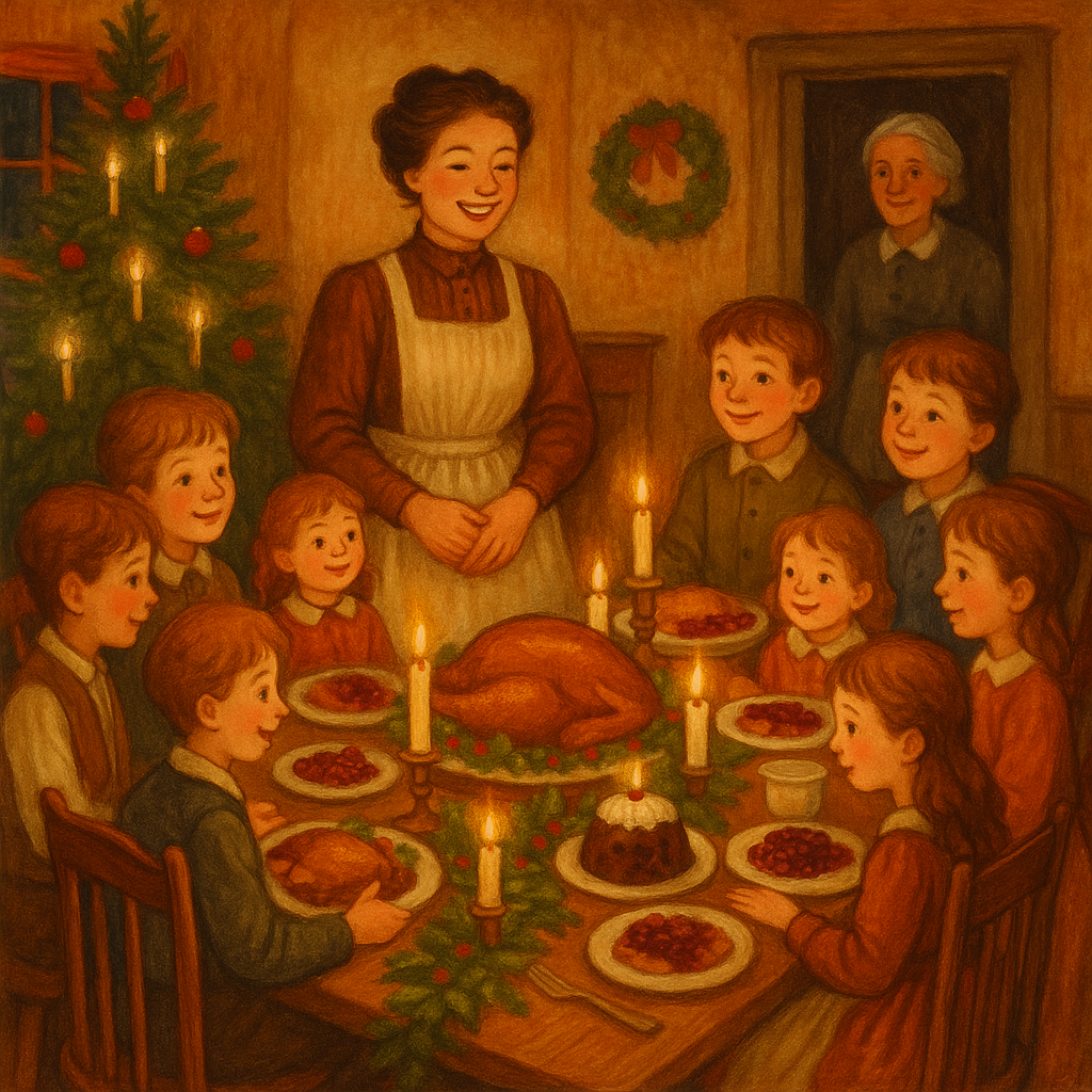 A joyful Christmas feast scene from A Christmas Mistake, with children gathered around a festive table