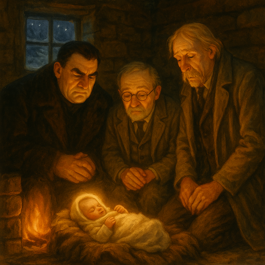 Three wise men kneel around a newborn baby by firelight in a snowy cottage, in A Christmas Mystery.