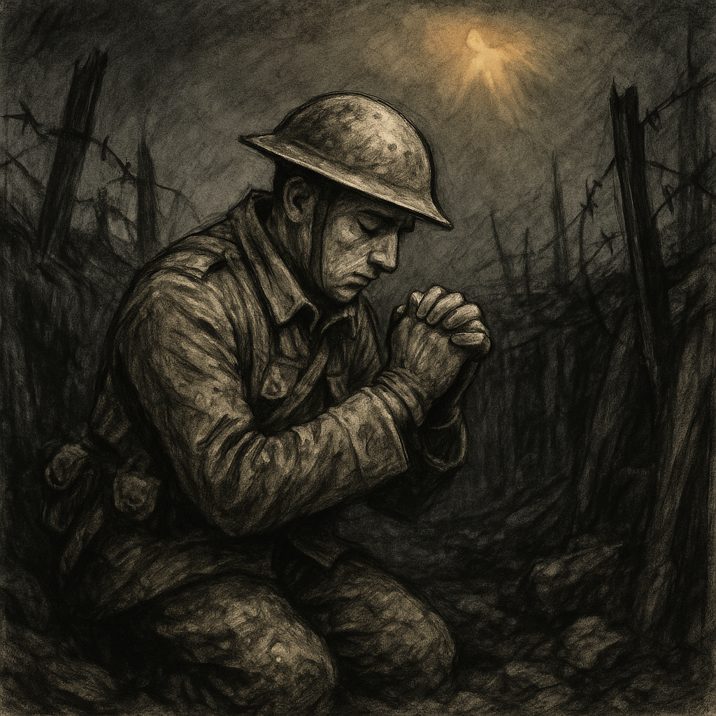 A WWI soldier kneeling in prayer in a dark trench, a faint golden light above — scene from "A Christmas Prayer"