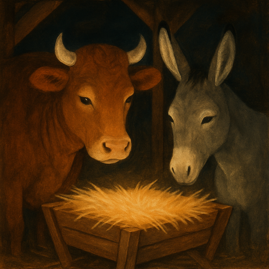 A cow and a donkey gaze at a glowing manger in a nativity stable, illustrating A Christmas Prayer.