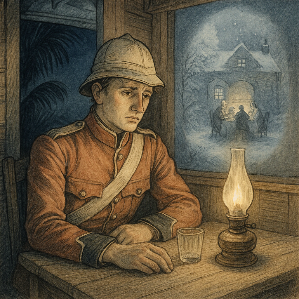 A pensive British soldier sits alone by lamplight in a tropical bungalow, dreaming of home in A Christmas Reverie.