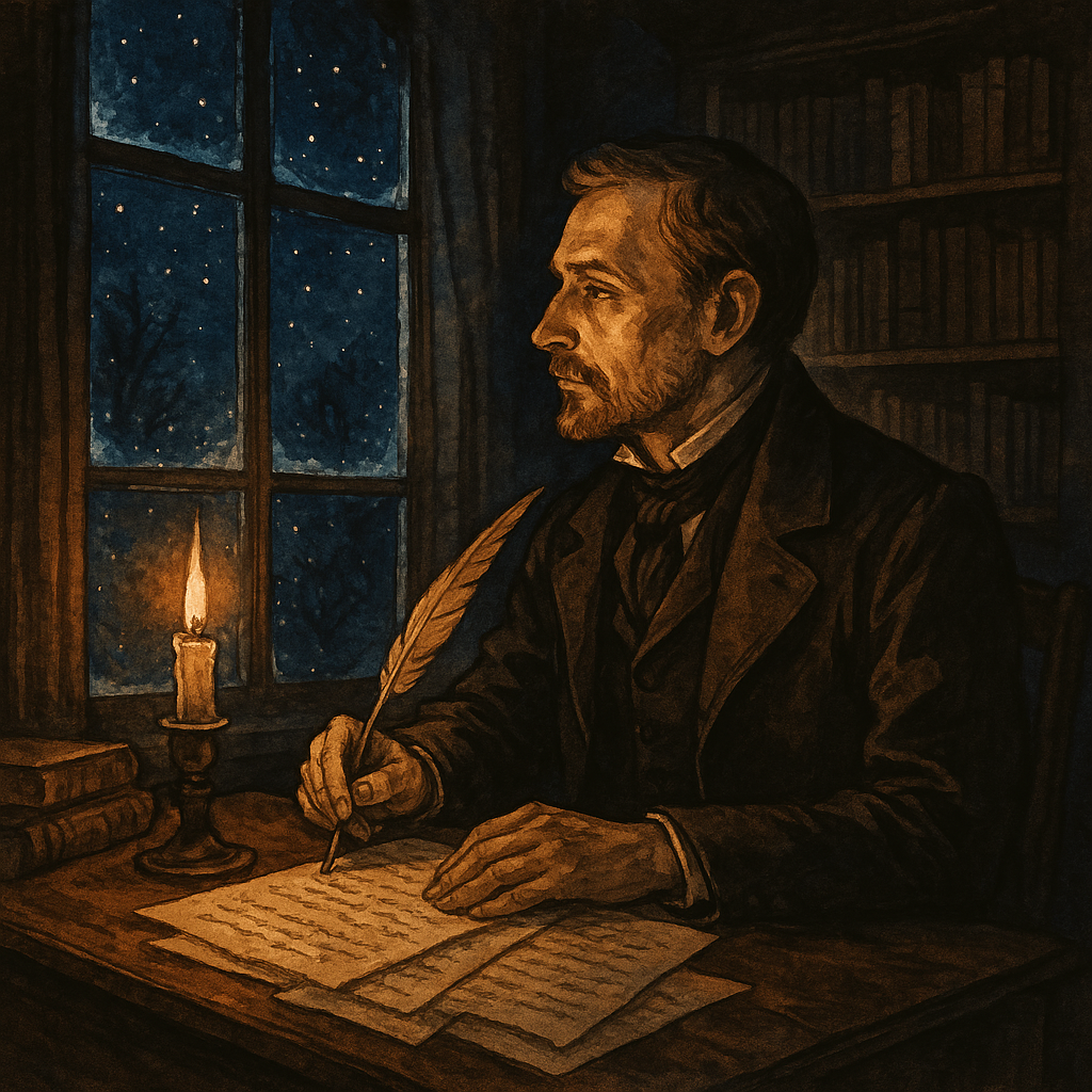 A Victorian man writes by candlelight at a winter window, illustrating A Christmas Sermon by Robert Louis Stevenson.