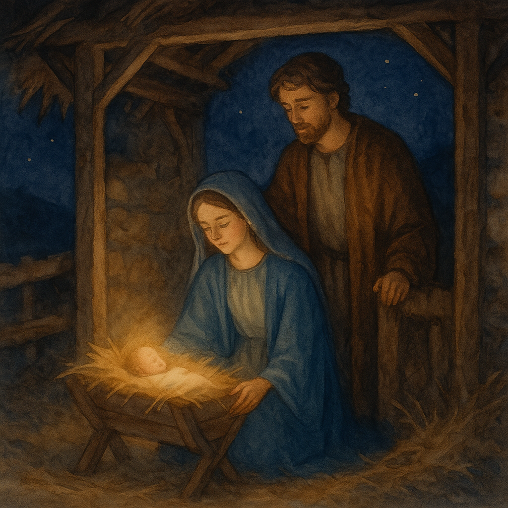 A glowing stable scene illustrating Lucy Larcom's Christmas poem "A Christmas Thought"
