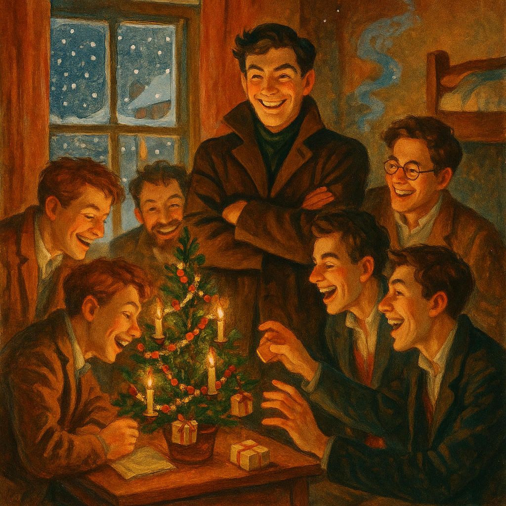 Satherwaite plays Santa Claus at the tiny Christmas tree in Doyle's cozy study, in A College Santa Claus.