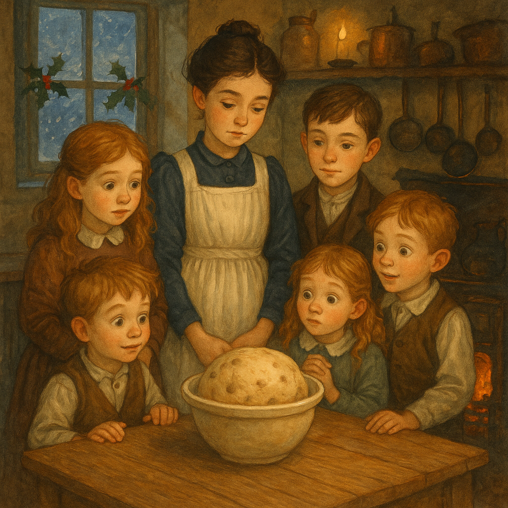 The Bastable children admire their homemade Christmas pudding in a Victorian kitchen, in A Conscience Pudding by E. Nesbit.