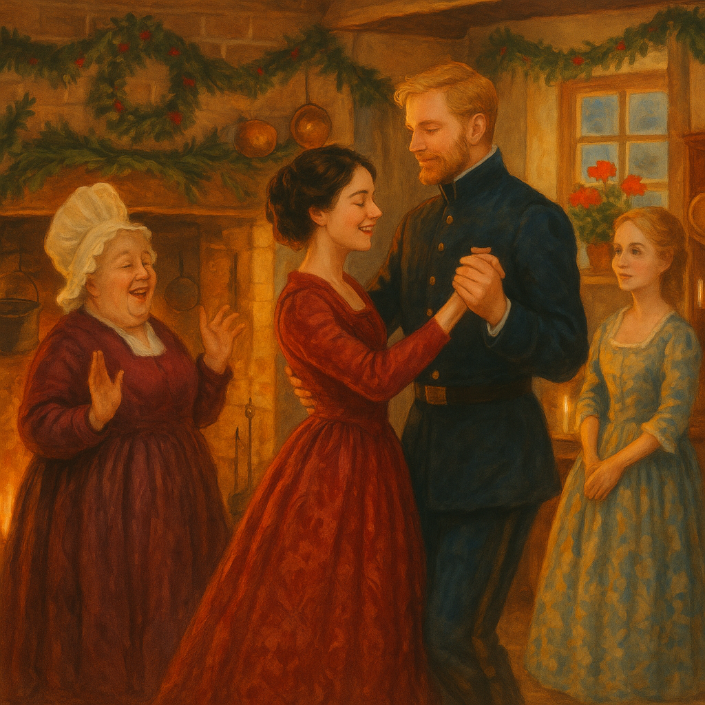 Tante Plumy danst met gasten in de keuken bij het haardvuur, scène uit A Country Christmas
