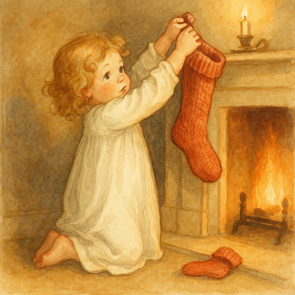 A little girl pins her mother's large stocking to the fireplace in "A Dear Little Schemer"