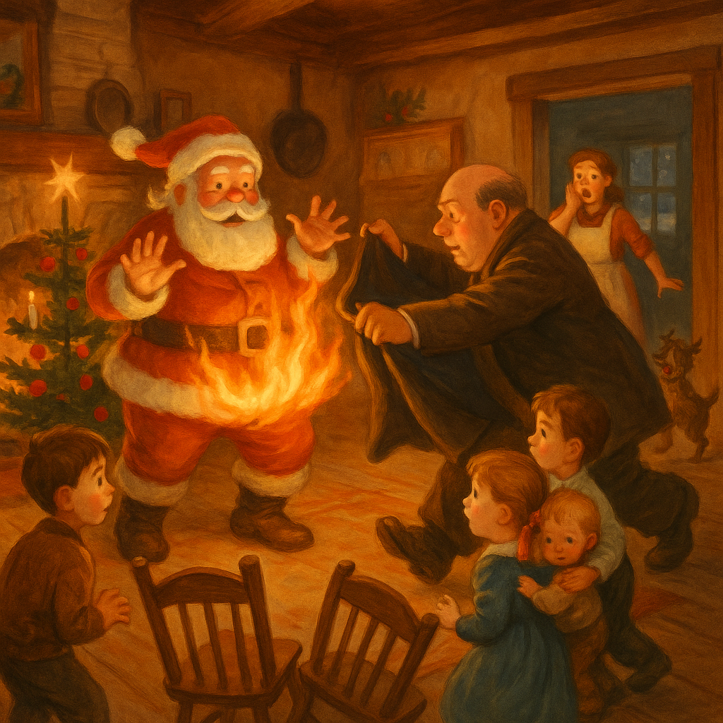 Uncle Sidney rushes to smother a burning Santa Claus near the Christmas tree in A Defective Santa Claus.